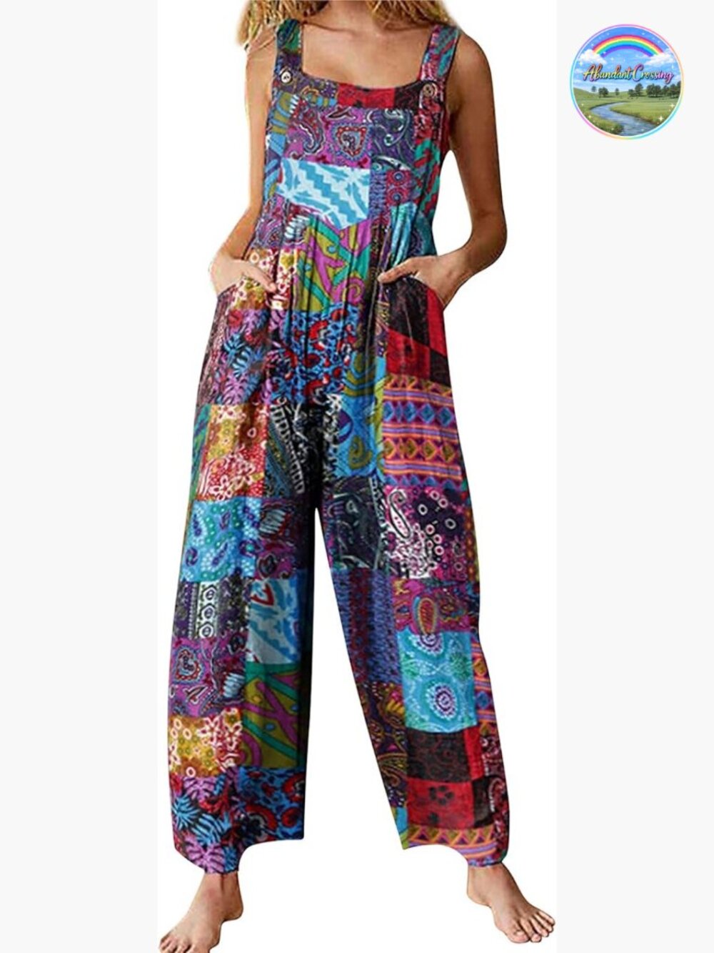 Patchwork Dual Pocket Jumpsuit Loose Floral Print Bohemian Wide Leg Bib Overall